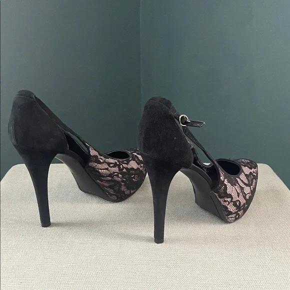 Guess Black Lace Overlay Pink platform Heels vintage - Picture 7 of 12